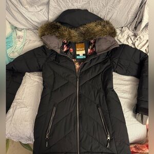 Roxy Women's Black Ski Jacket with Faux Fur Hood